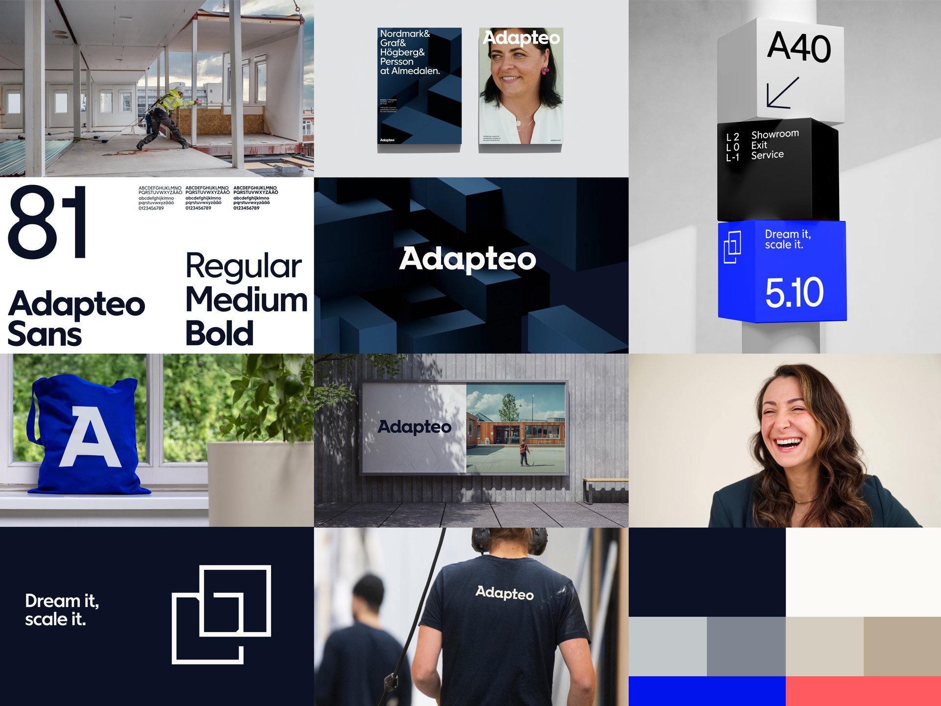 Adapteo's new brand identity showcased with visuals, typography, and modular solutions; featuring bold designs and focus on sustainability and adaptability.